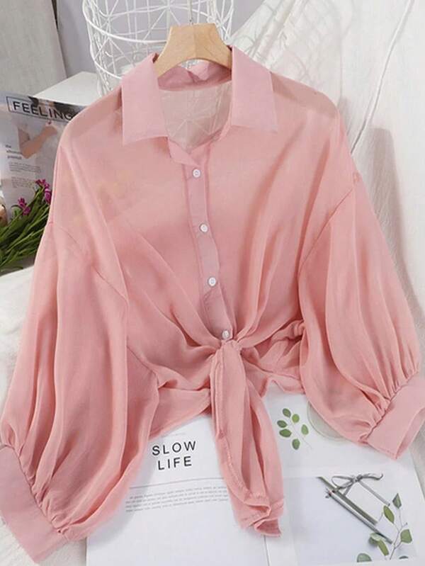 Tie-Front Chiffon Crop Shirt – Lightweight Summer Cover-Up Top
