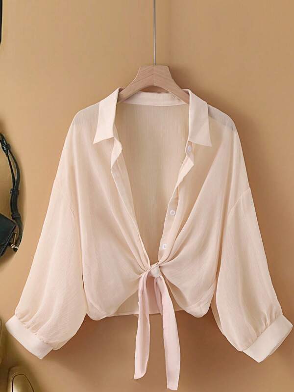 Tie-Front Chiffon Crop Shirt – Lightweight Summer Cover-Up Top