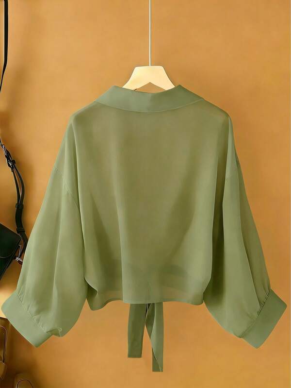 Tie-Front Chiffon Crop Shirt – Lightweight Summer Cover-Up Top