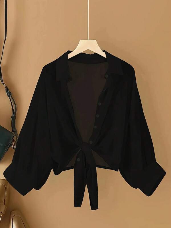 Tie-Front Chiffon Crop Shirt – Lightweight Summer Cover-Up Top