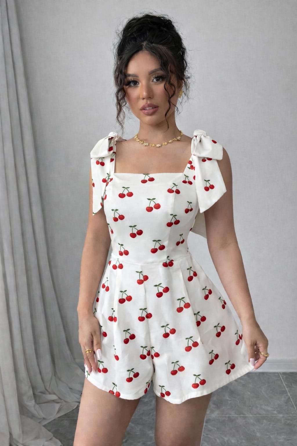 Women’s Cherry Print Bow Strap Romper Dress – Square Neck A-Line Fit & Flare Summer Outfit (XXS–3XL)