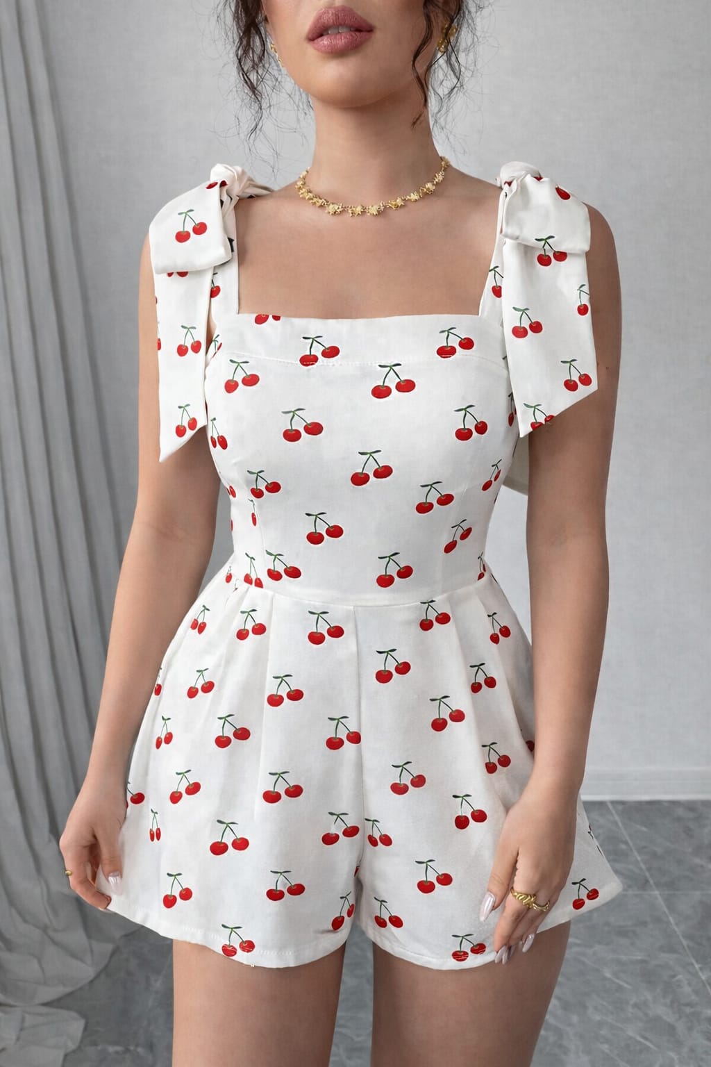 Women’s Cherry Print Bow Strap Romper Dress – Square Neck A-Line Fit & Flare Summer Outfit (XXS–3XL)