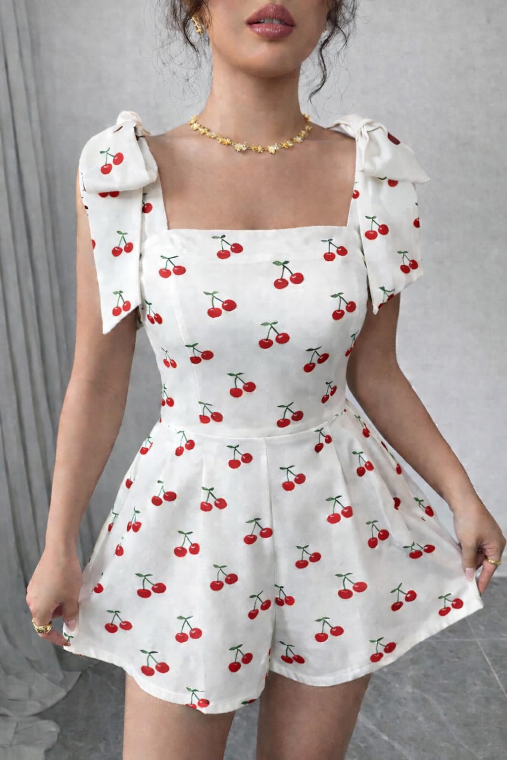 Women’s Cherry Print Bow Strap Romper Dress – Square Neck A-Line Fit & Flare Summer Outfit (XXS–3XL)