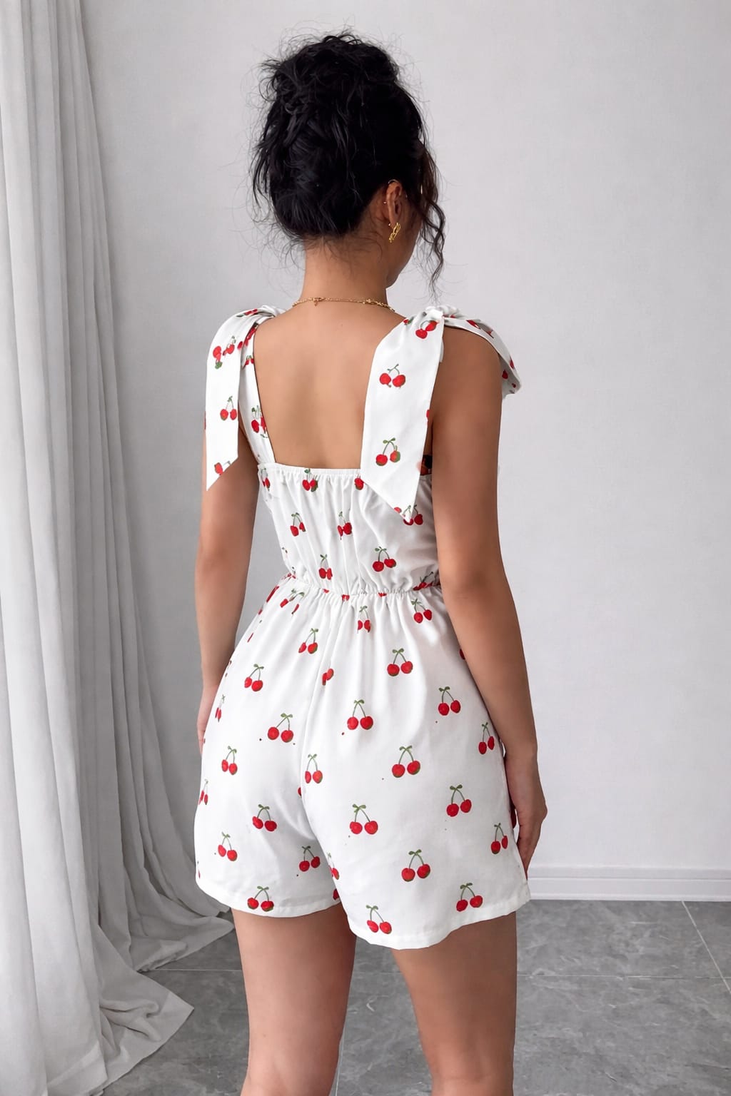 Women’s Cherry Print Bow Strap Romper Dress – Square Neck A-Line Fit & Flare Summer Outfit (XXS–3XL)