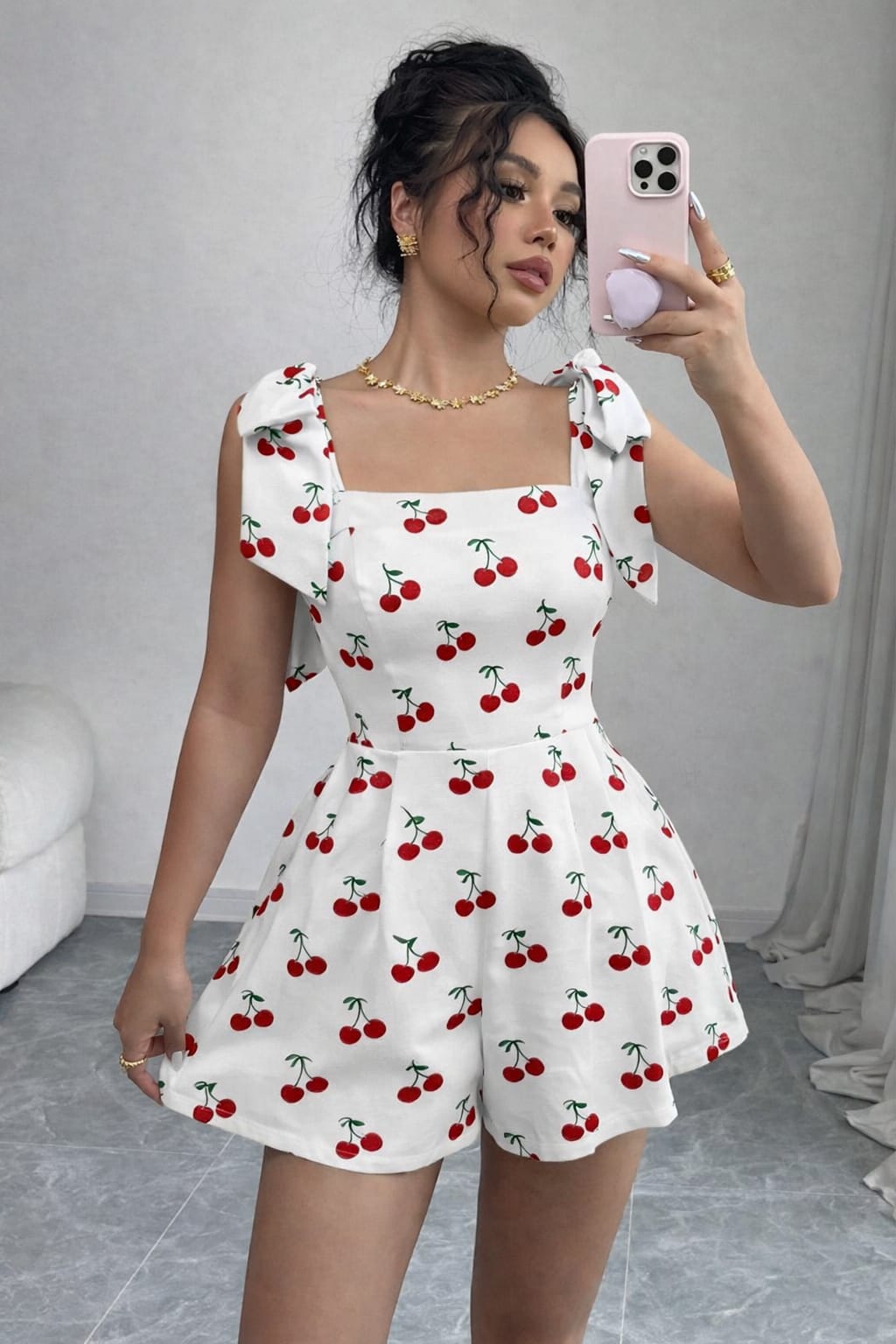 Women’s Cherry Print Bow Strap Romper Dress – Square Neck A-Line Fit & Flare Summer Outfit (XXS–3XL)