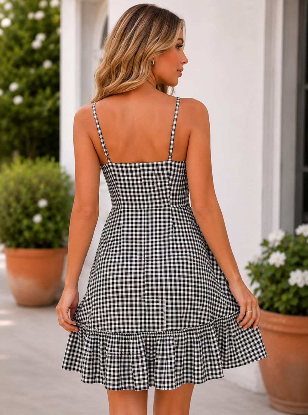 Gingham Check Strappy Fit & Flare Midi Dress with Front Slit