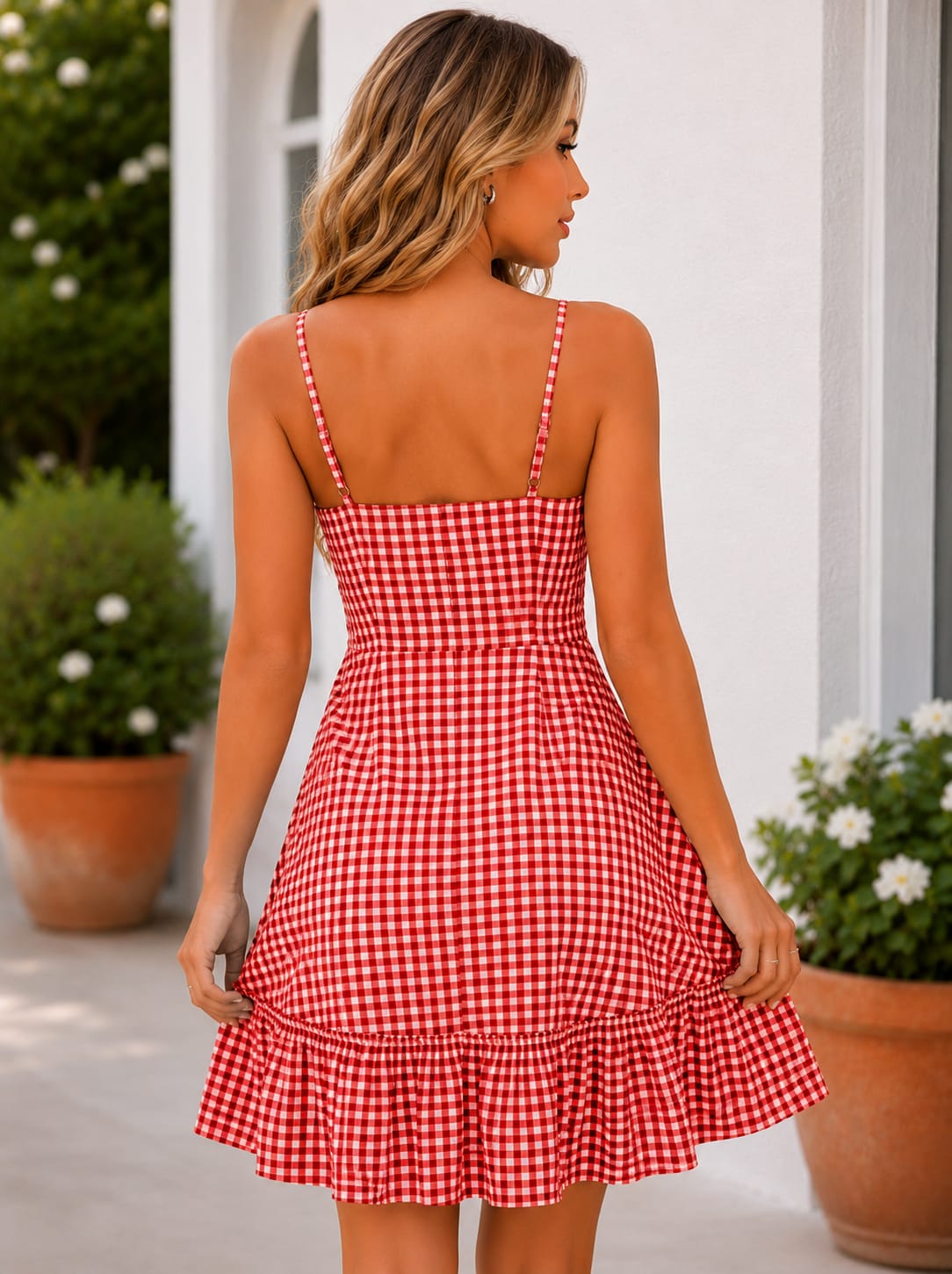 Gingham Check Strappy Fit & Flare Midi Dress with Front Slit