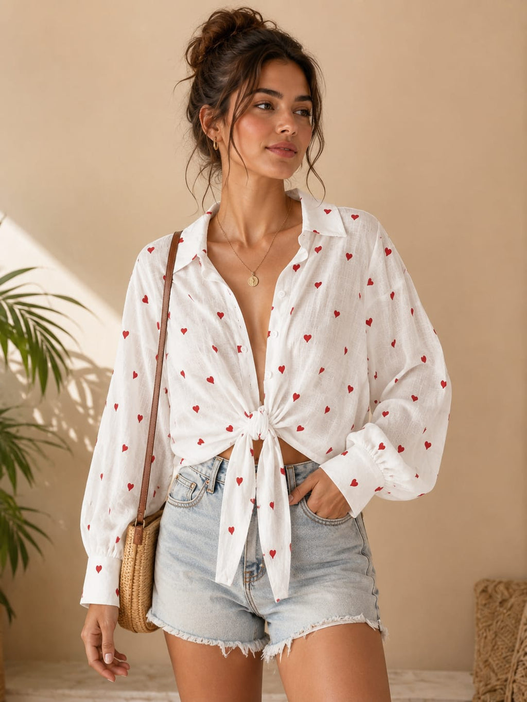❤️ Heart Print Tie-Back Shirt Top