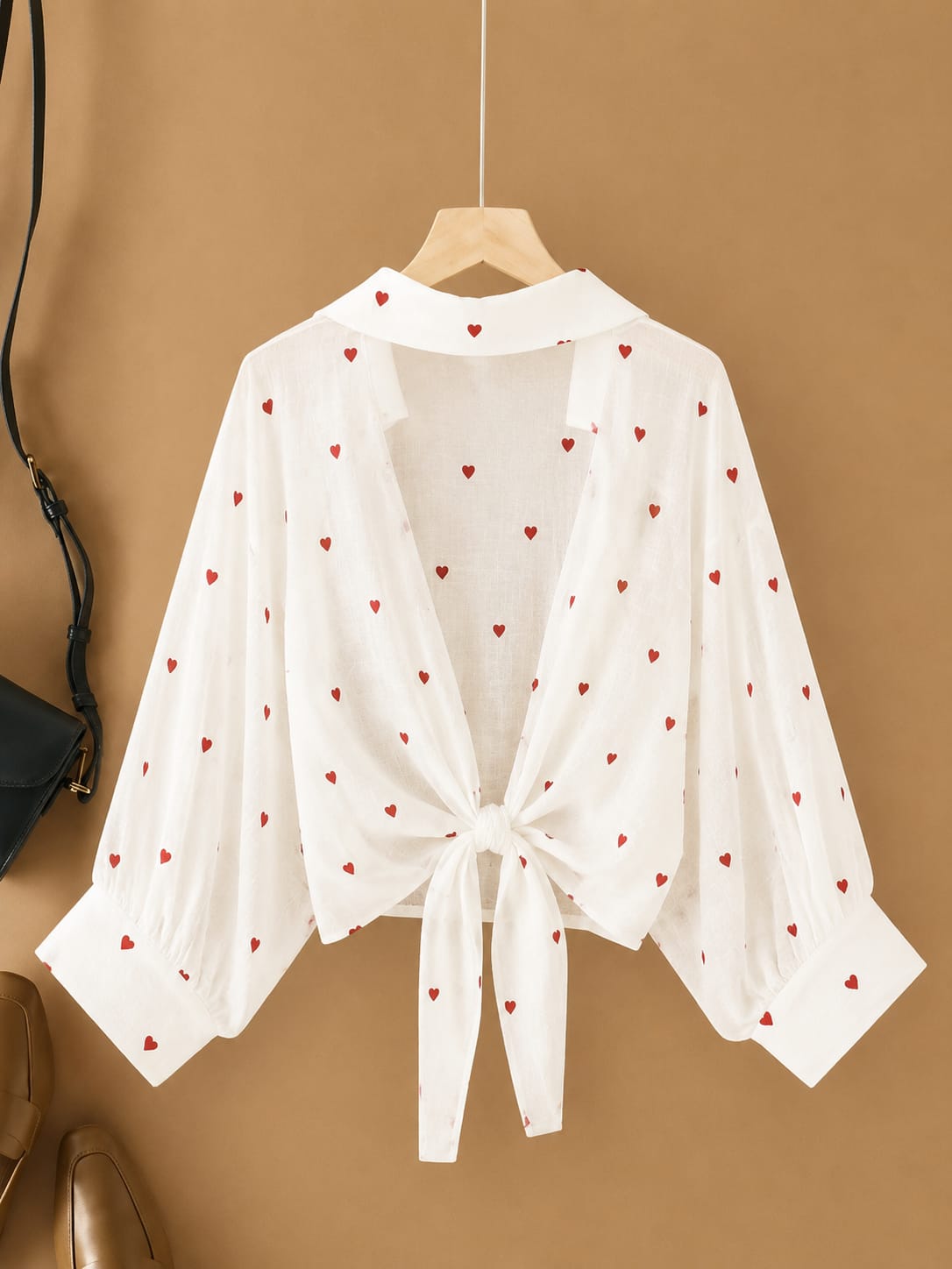 ❤️ Heart Print Tie-Back Shirt Top