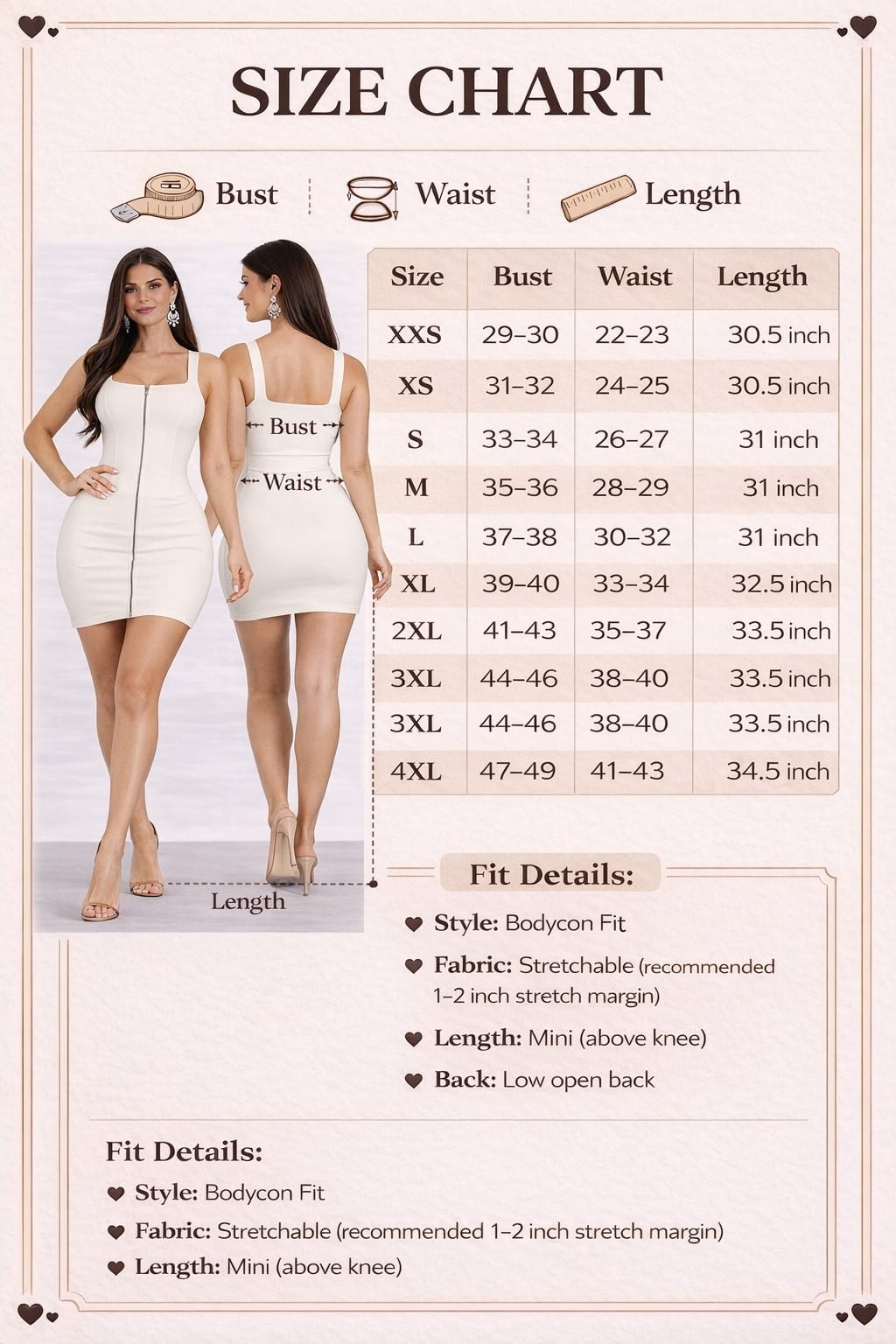 Women’s Premium Bodycon Zip Mini Dress Square Neck