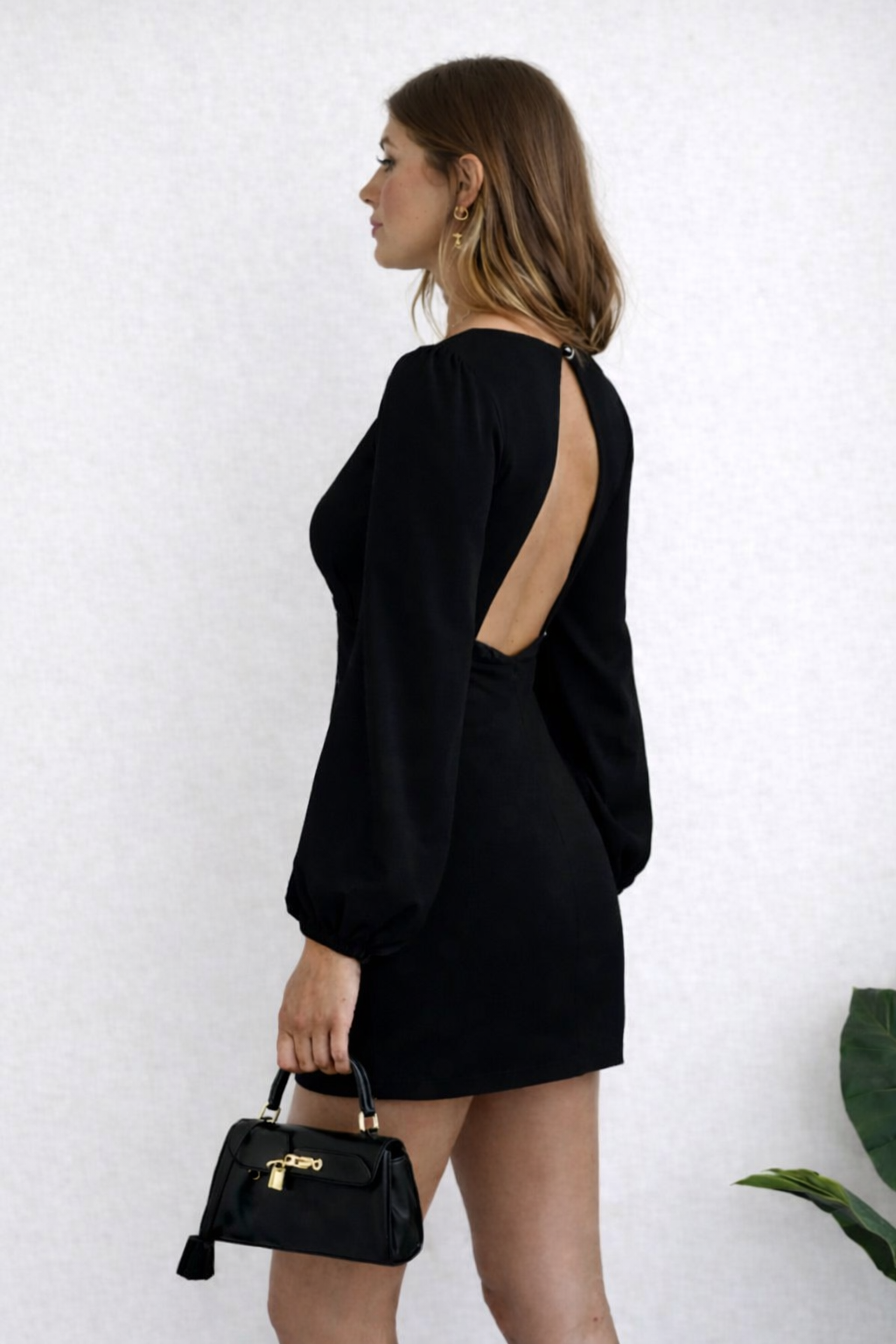 Solid Black V-Neck Mini Dress with Bishop Sleeves