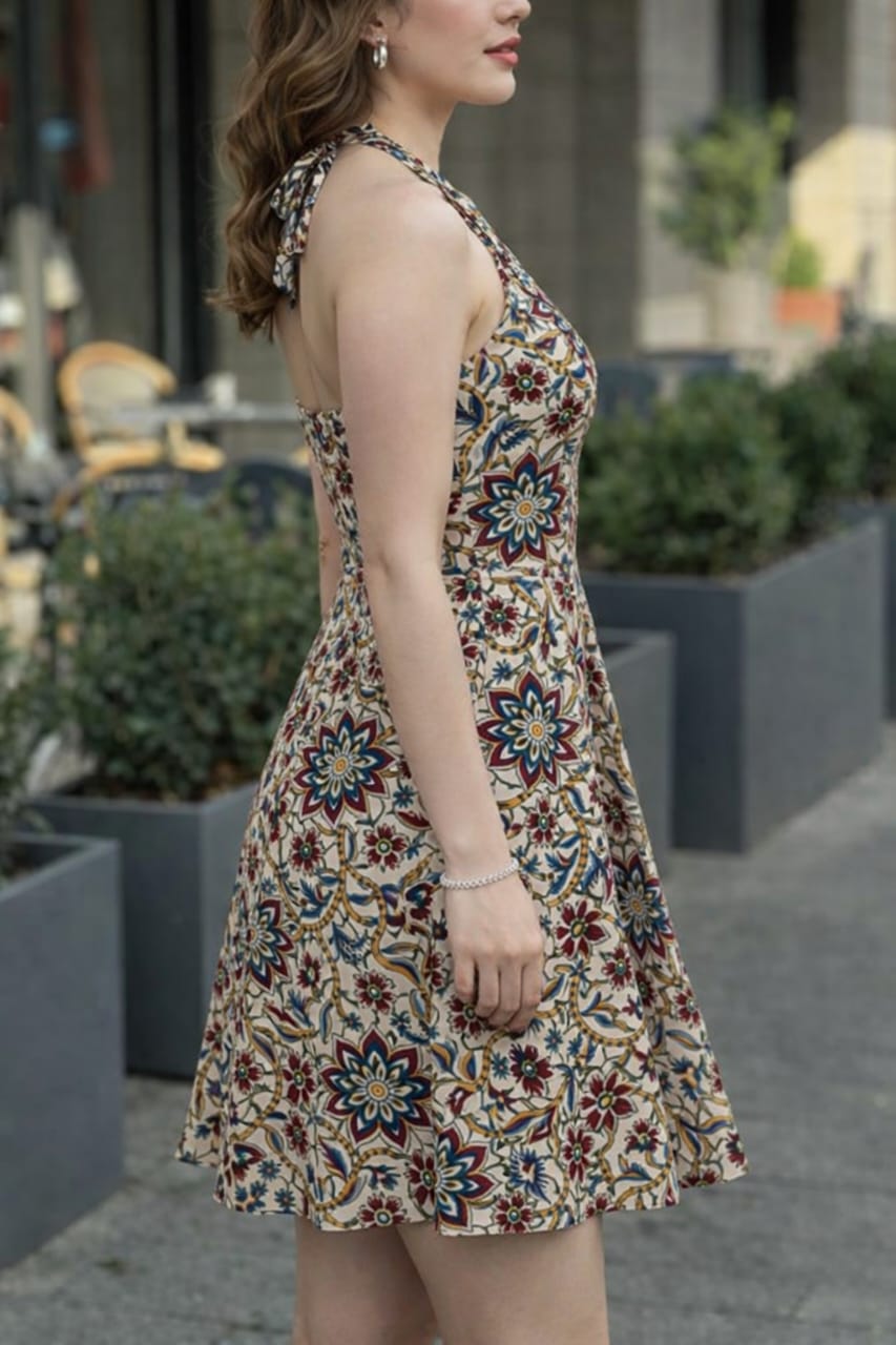 Women’s Floral Printed Halter Neck Fit & Flare Dress