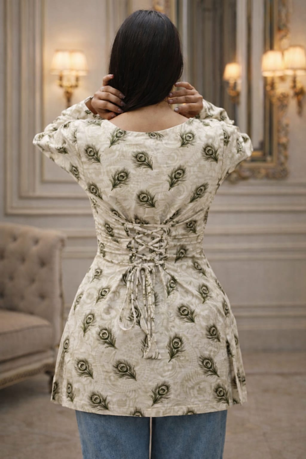 Cream Peacock Feather Print Cotton Kurti Top