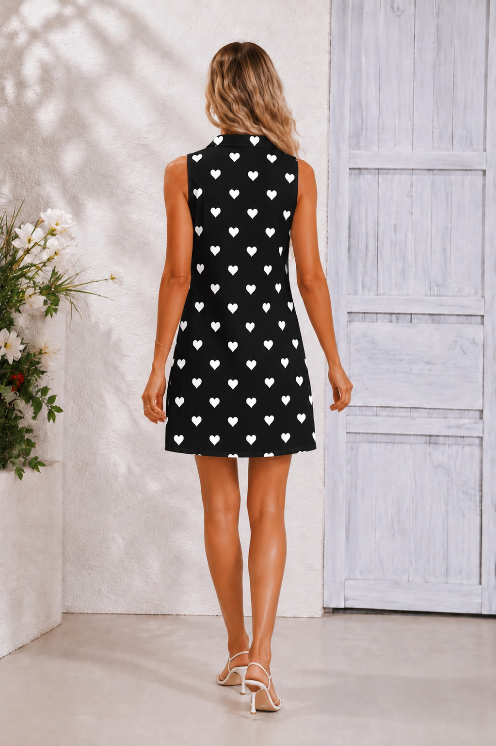 Heart Print Sleeveless Button-Down Mini Shirt Dress
