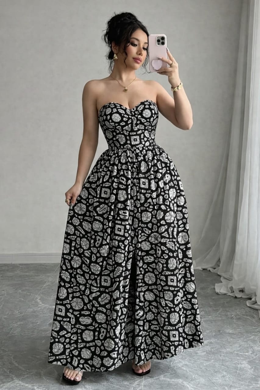 Black & White Printed Strapless Maxi Dress