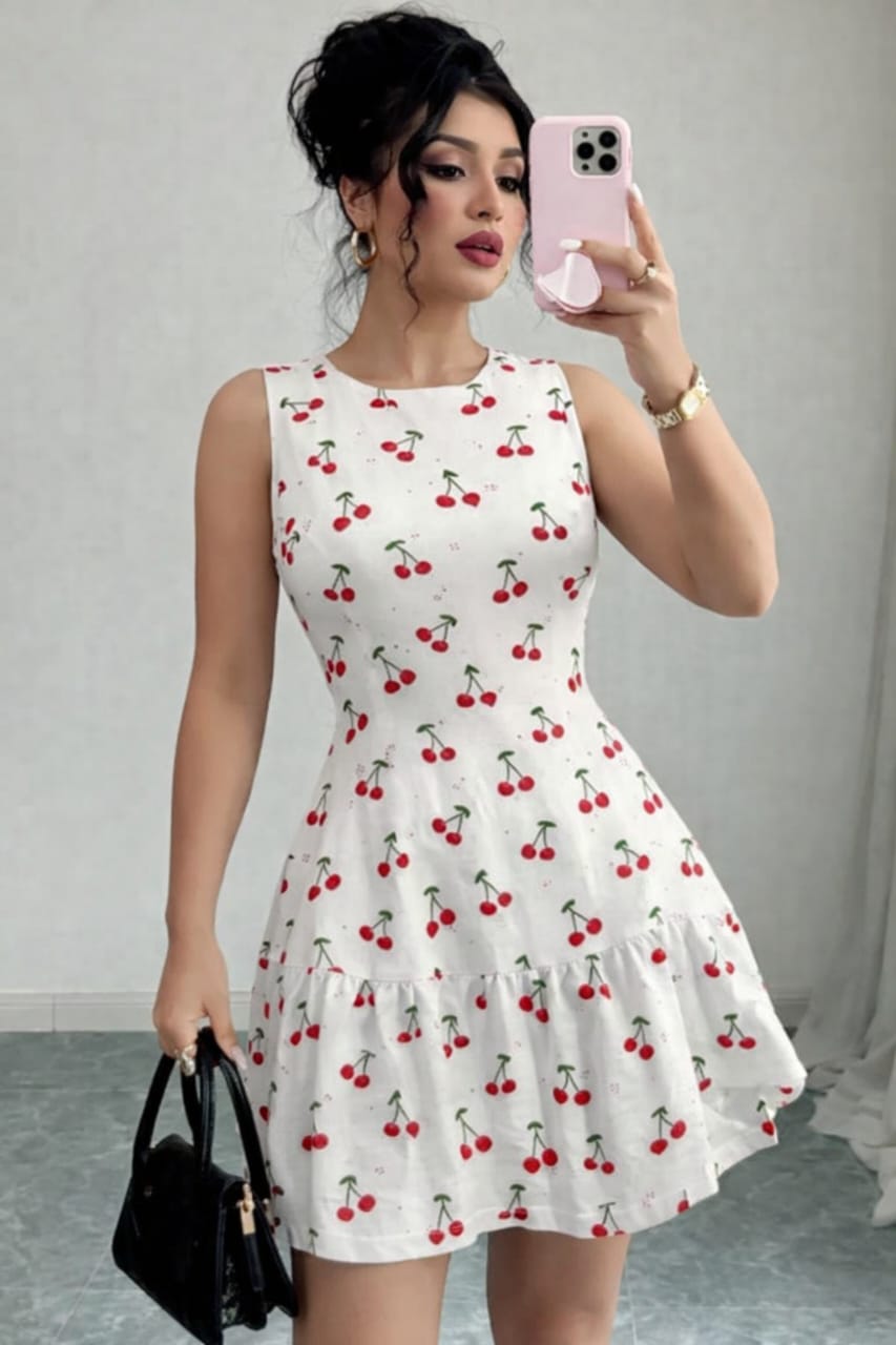 Women’s White Cherry Print Sleeveless Fit & Flare Dress