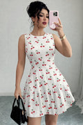 Women’s White Cherry Print Sleeveless Fit & Flare Dress