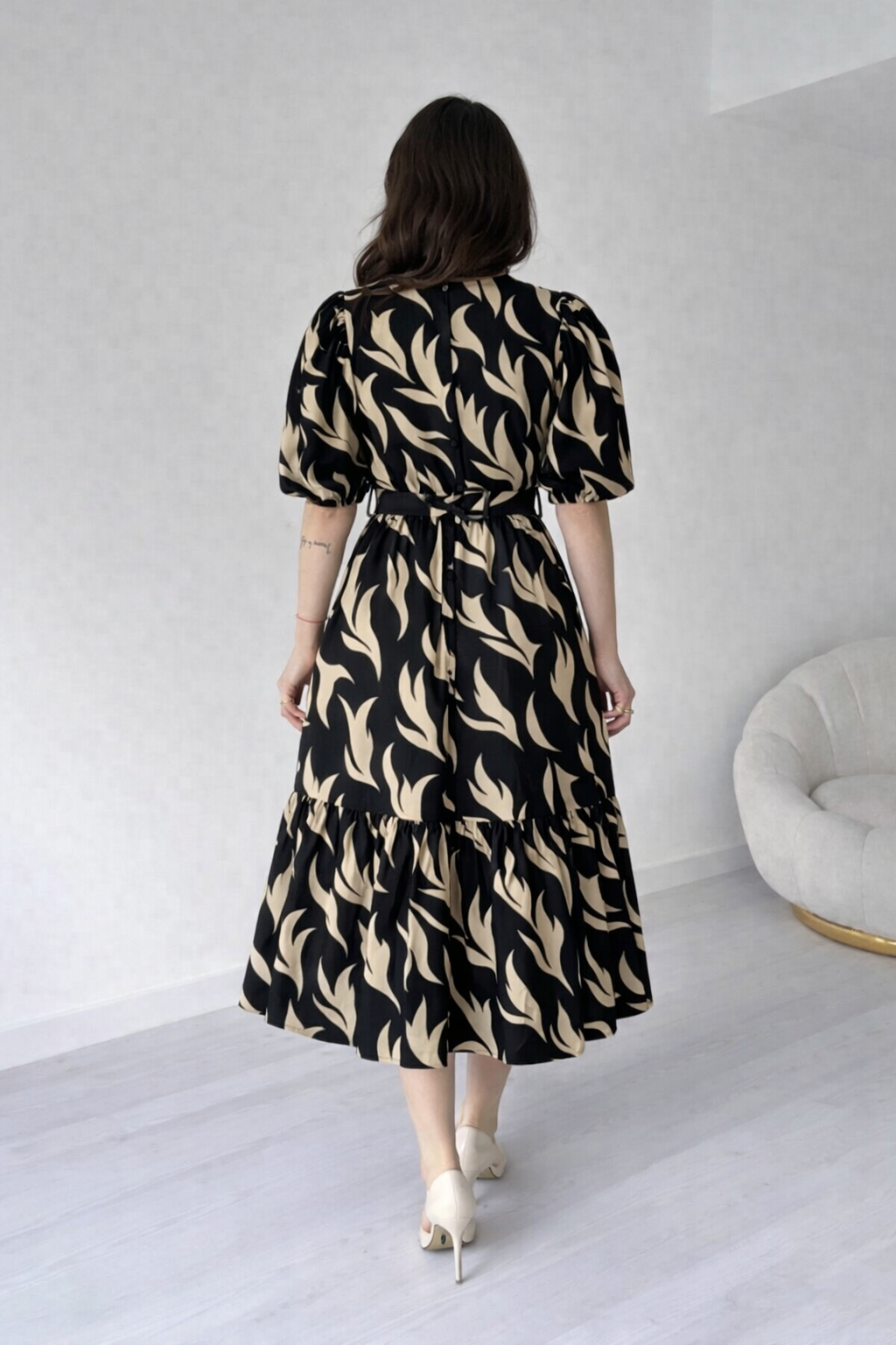 Women Black & Beige Abstract Printed Midi Dress with Belt