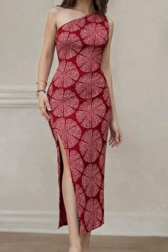 Scarlet Bloom One-Shoulder Cotton Midi Dress