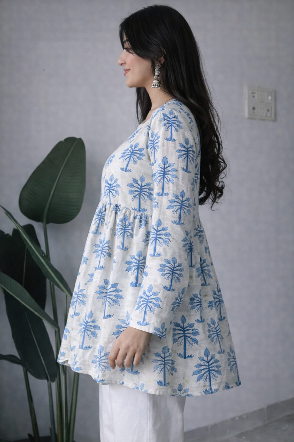 Women’s Blue Handblock Print Cotton Peplum Kurti Top