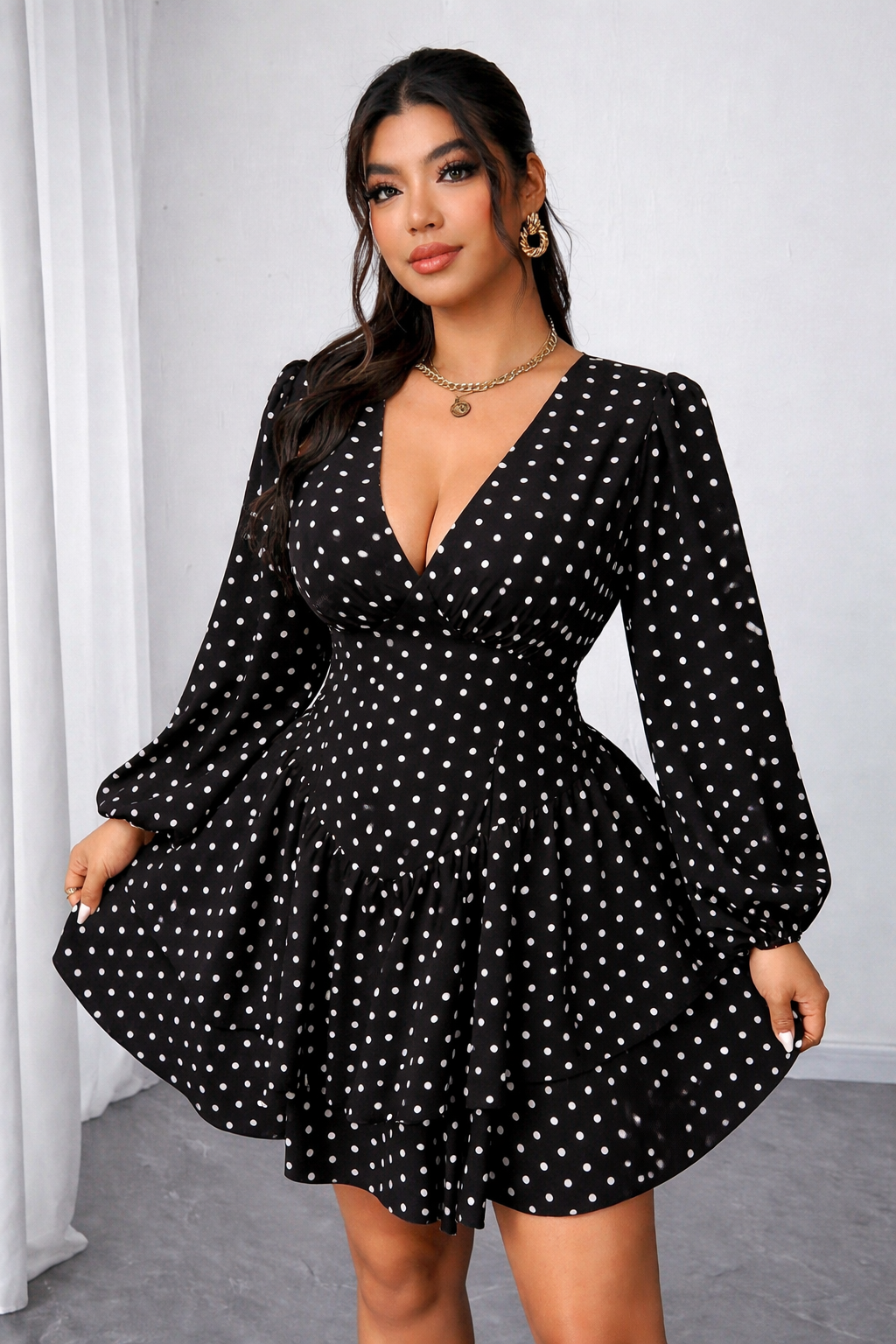 Elegant  Polka Dot V-Neck Ruffle Mini Dress for Women | Long Sleeve Fit & Flare Party Dress