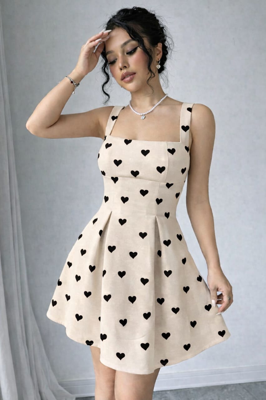Cream Heart Print Fit & Flare Dress for Women