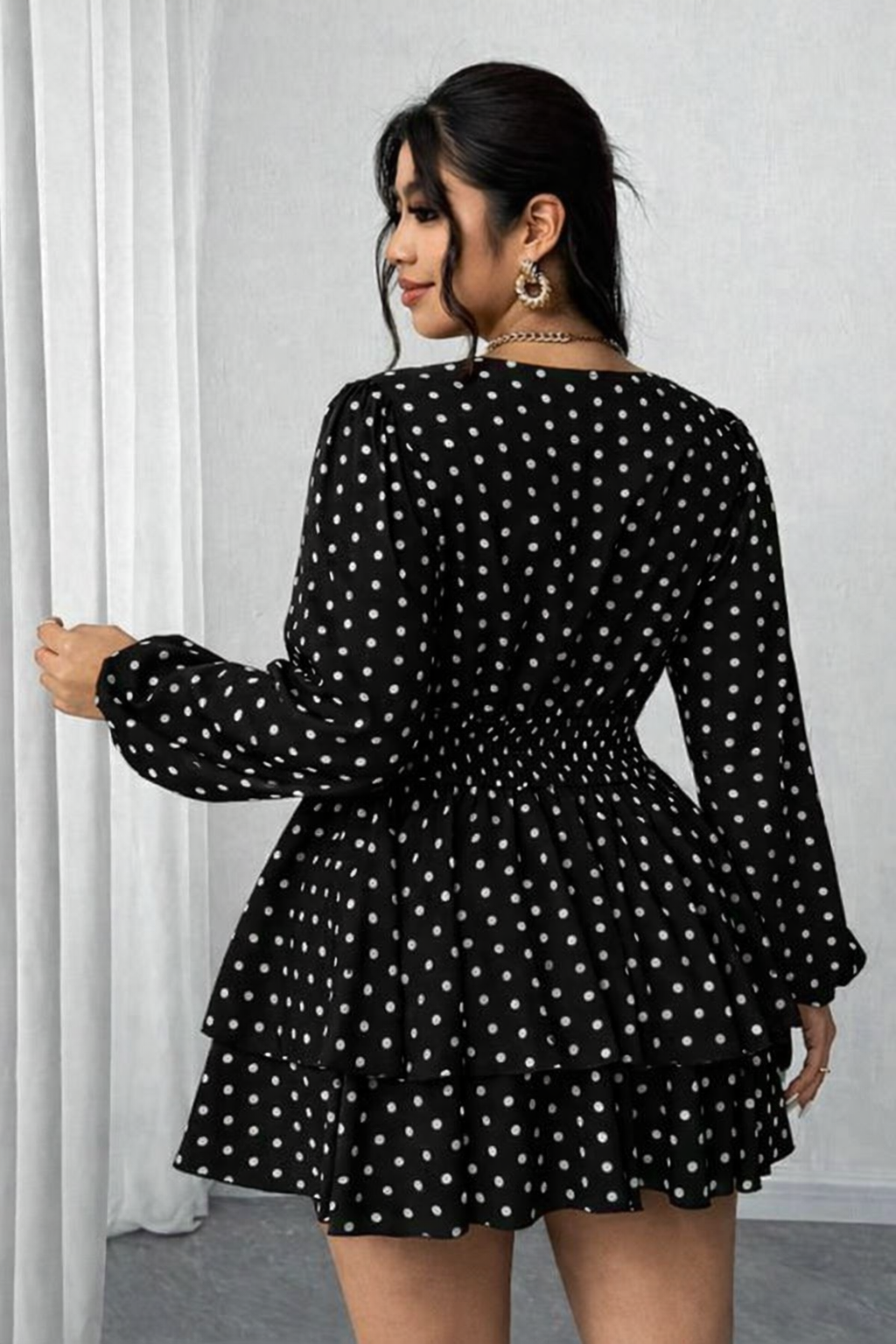 Elegant  Polka Dot V-Neck Ruffle Mini Dress for Women | Long Sleeve Fit & Flare Party Dress