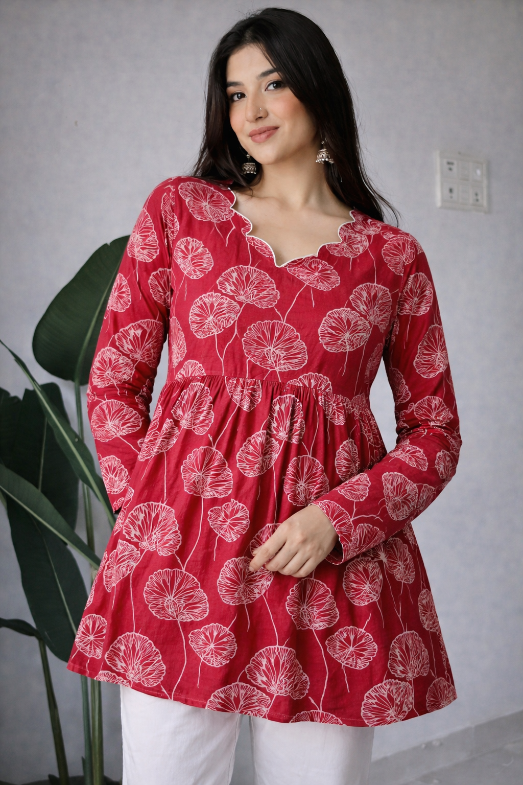 Women Red Floral Printed Cotton Tunic Top
