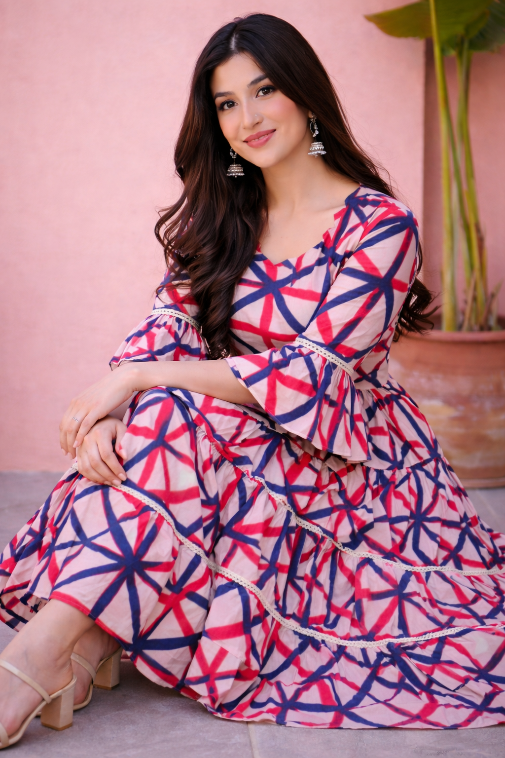 Elegant Geometric Print Tiered Midi Dress for Women