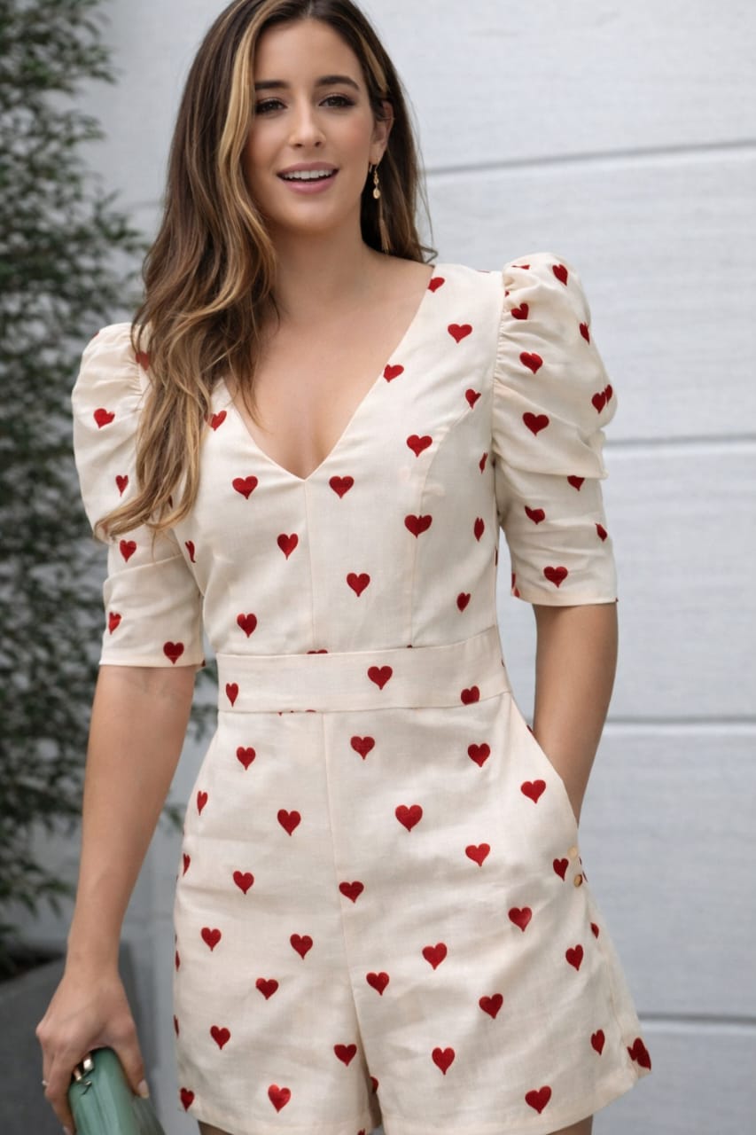 Puff Sleeve Playsuit for Women With Cream Heart Print