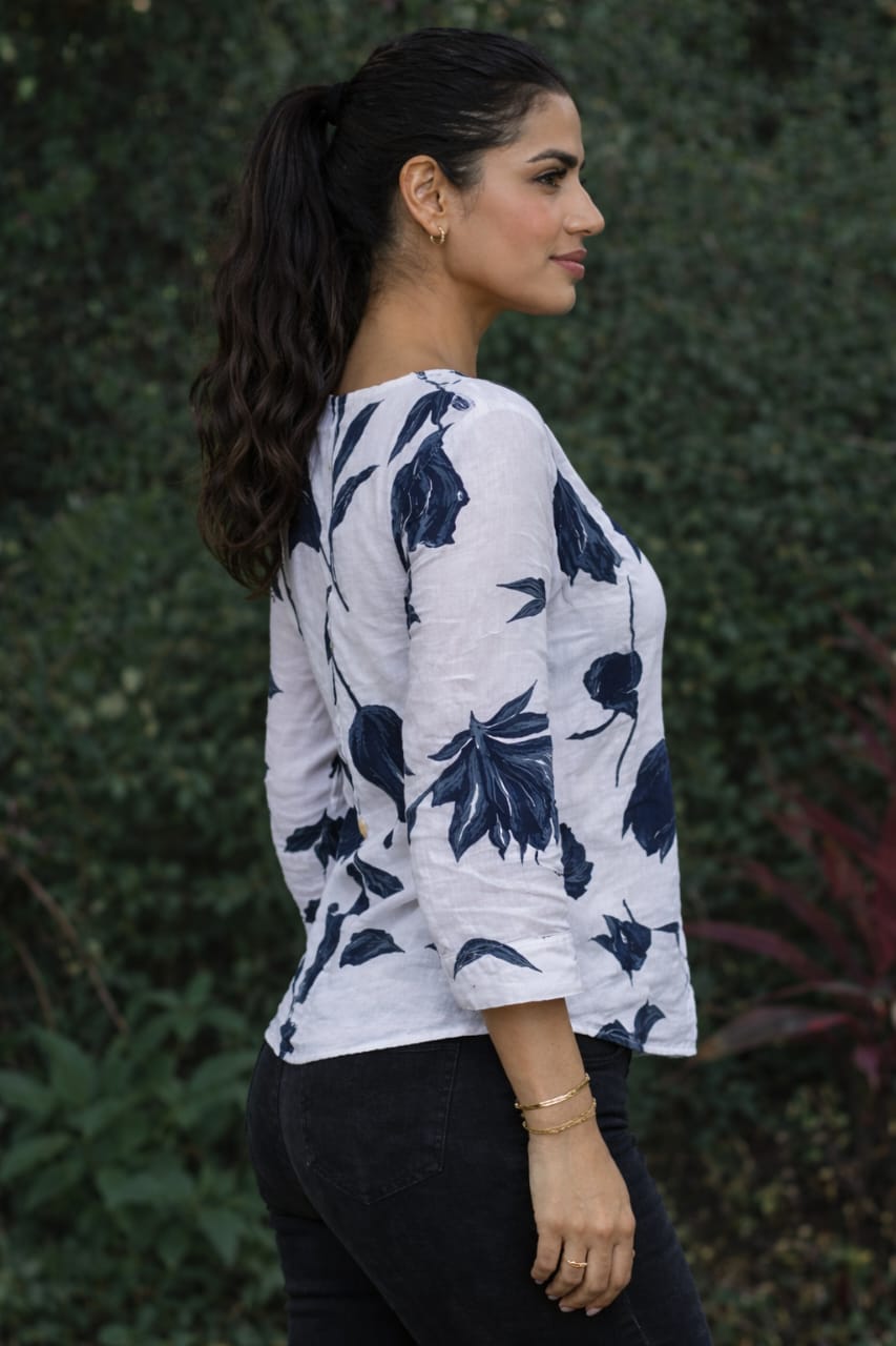 Elegant Floral Button-Down Linen Top for Women