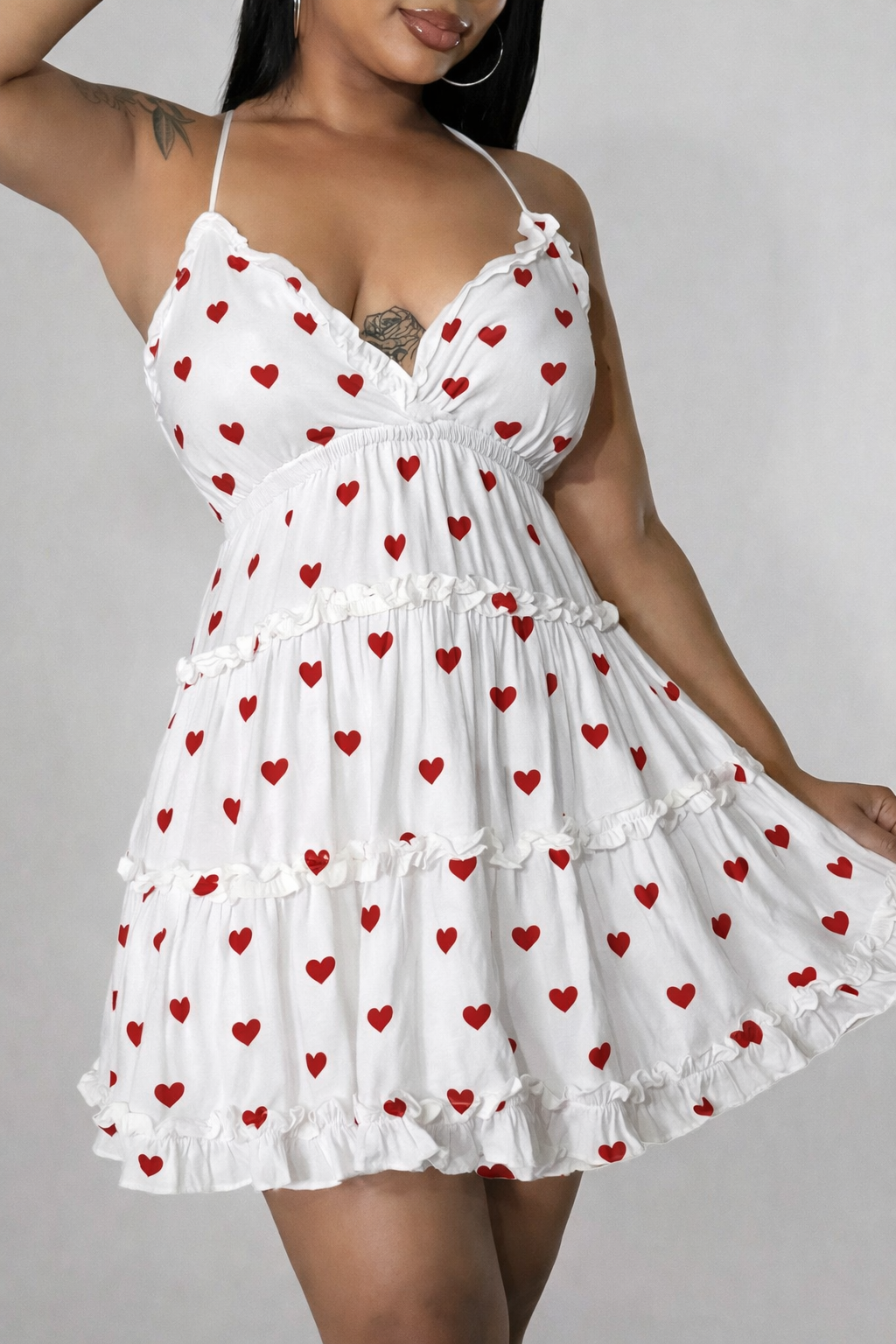 White Cotton Mini Dress with Red Heart Print
