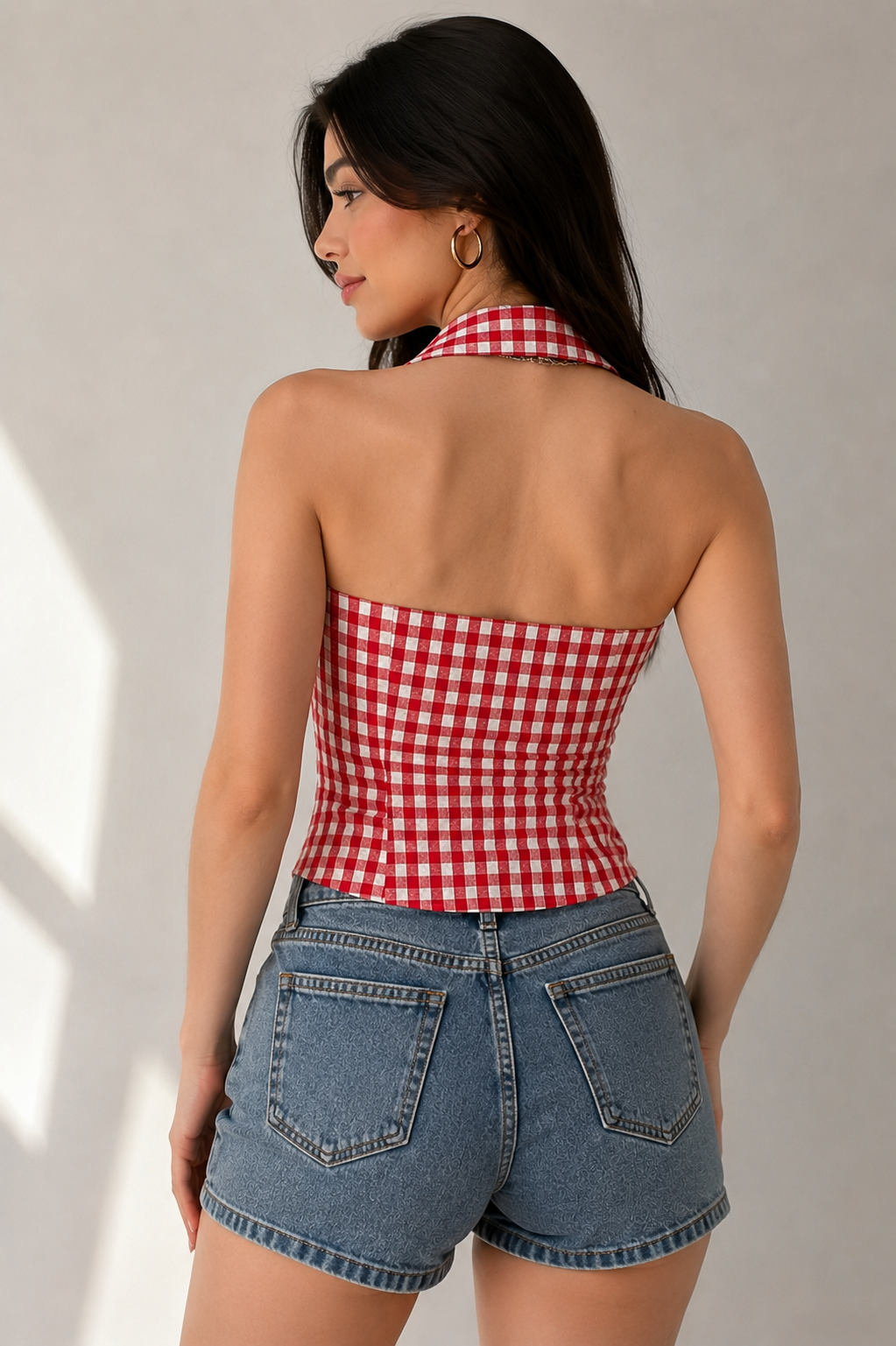 Red & White Gingham Halter Neck Button-Down Top