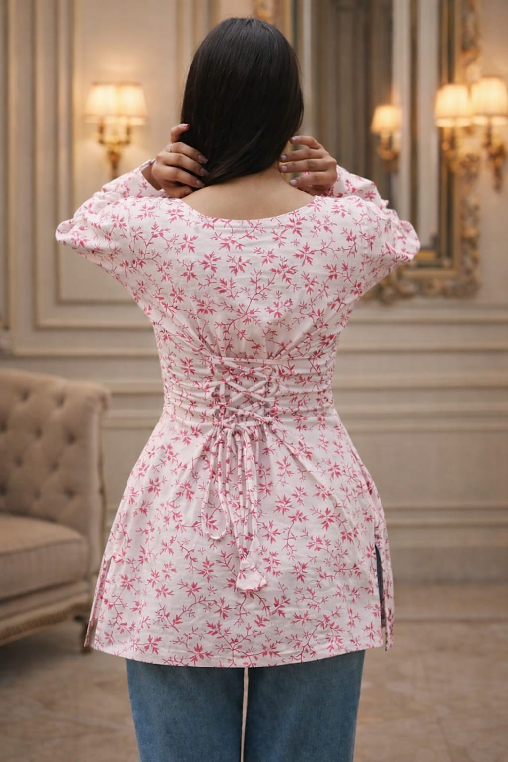 Blush Pink Floral Print Cotton Kurti Top