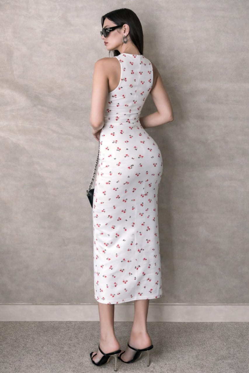 Cherry bloom sleeveless slim fit midi dress