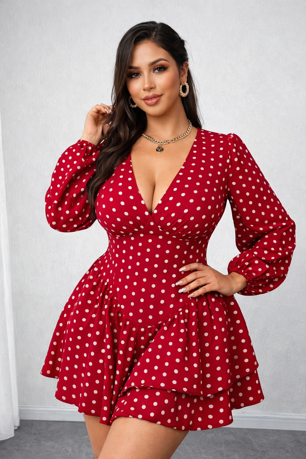 Elegant  Polka Dot V-Neck Ruffle Mini Dress for Women | Long Sleeve Fit & Flare Party Dress
