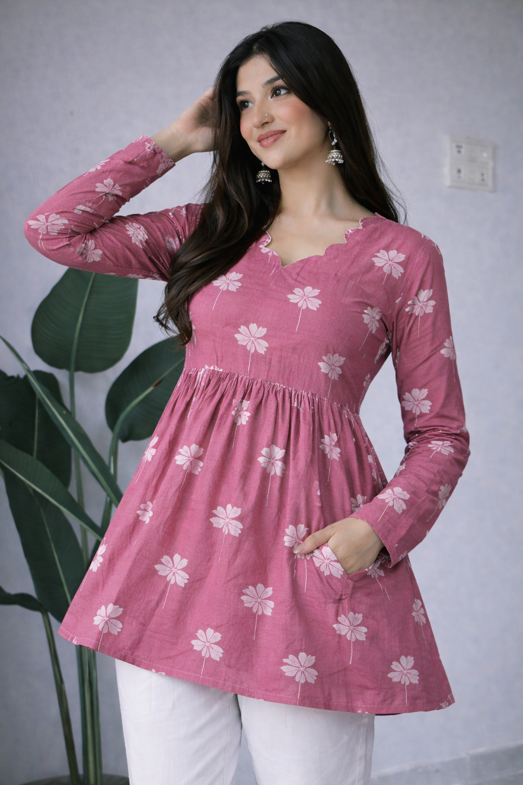 Women’s Pink Floral Printed Cotton Tunic Top | Long Sleeve Stylish Kurti