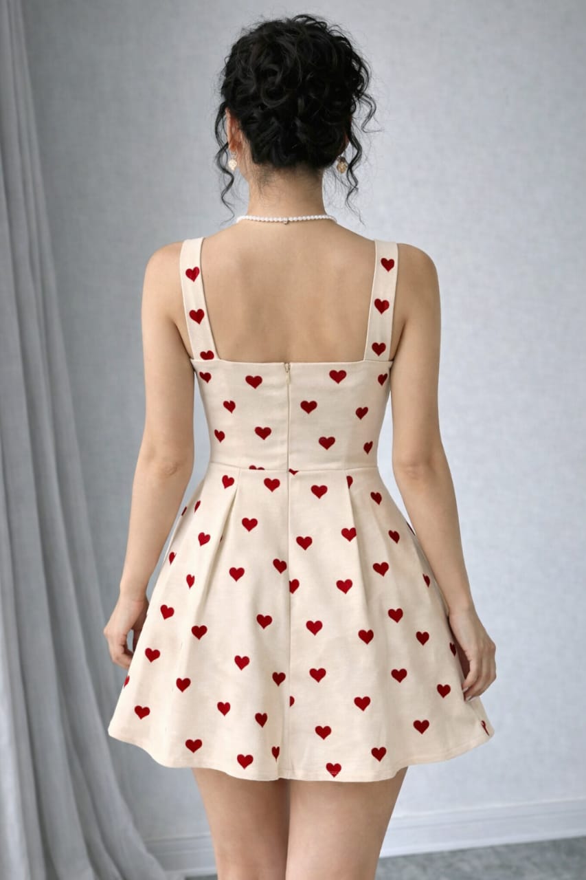 Cream Heart Print Fit & Flare Dress for Women