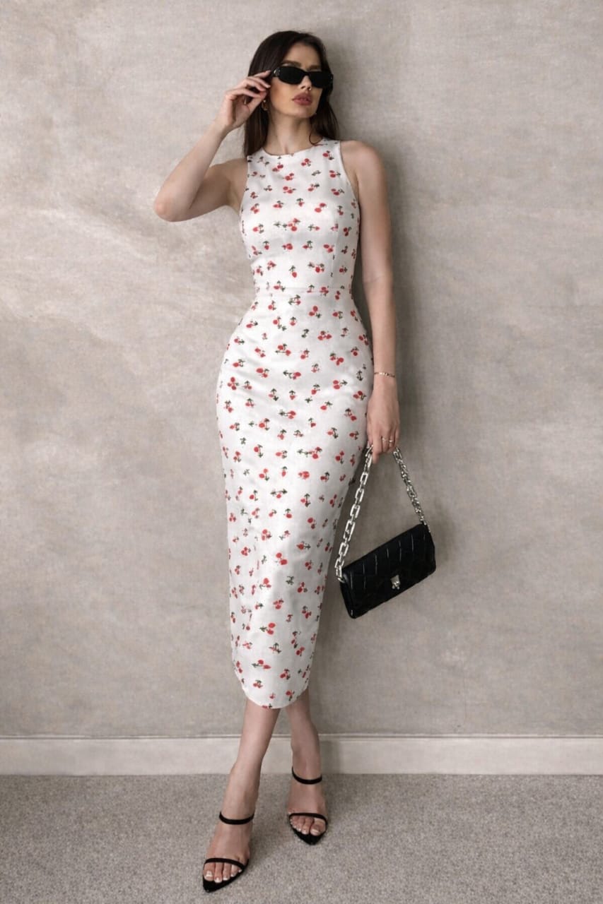 Cherry bloom sleeveless slim fit midi dress