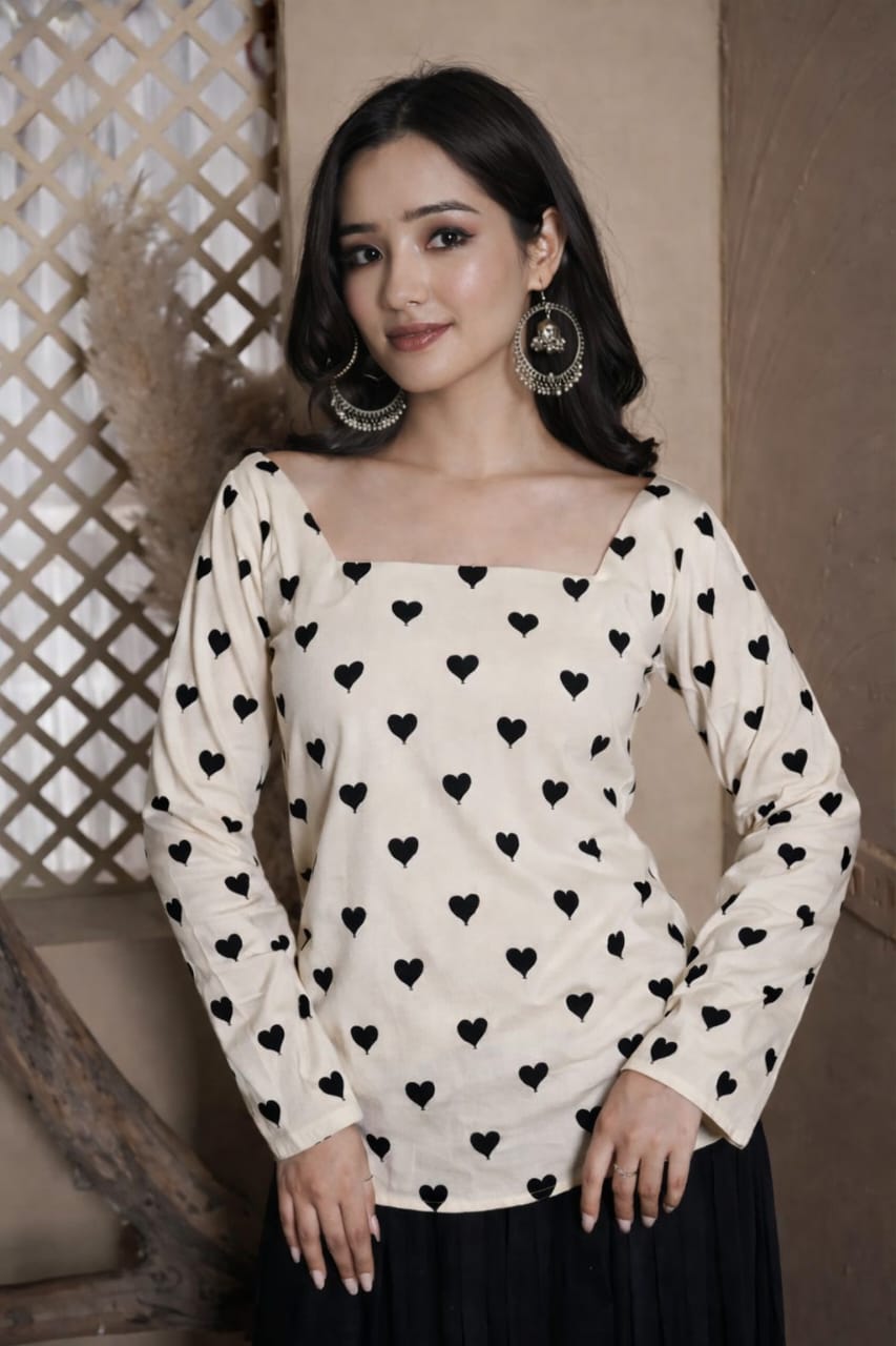 Romantic Heart Print Square Neck Kurti for Women