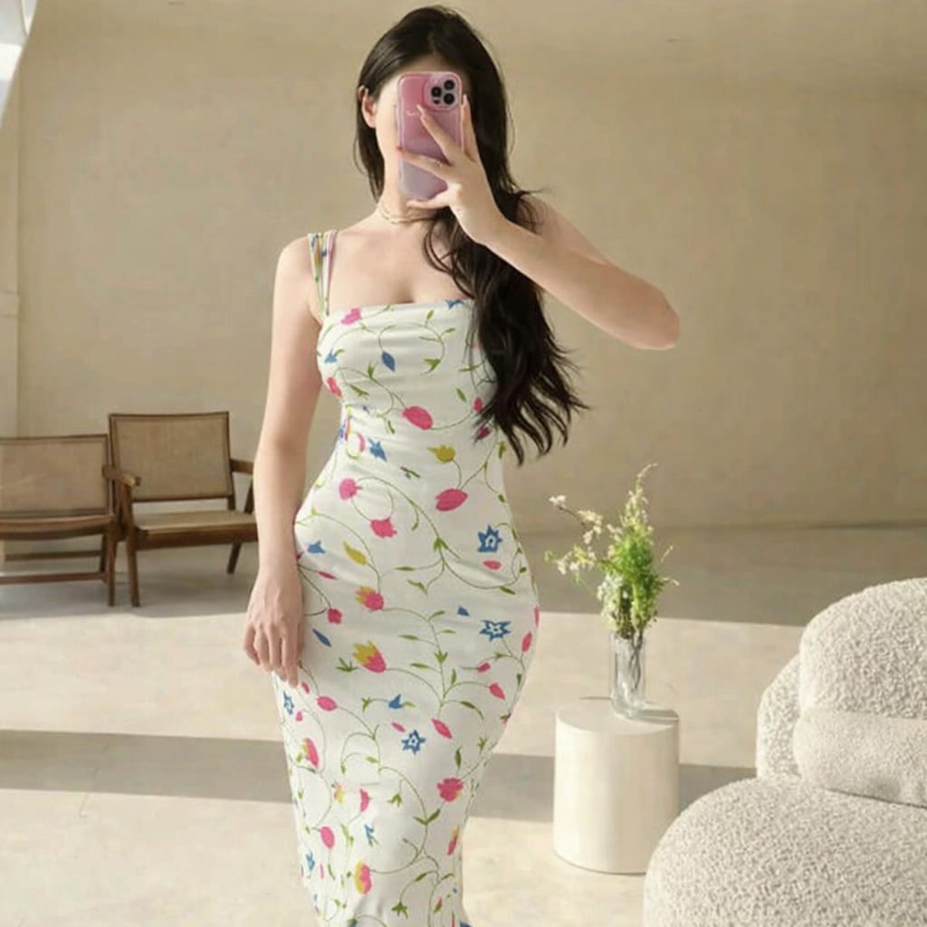 Spring Petal Elegant Floral Cotton Midi Dress
