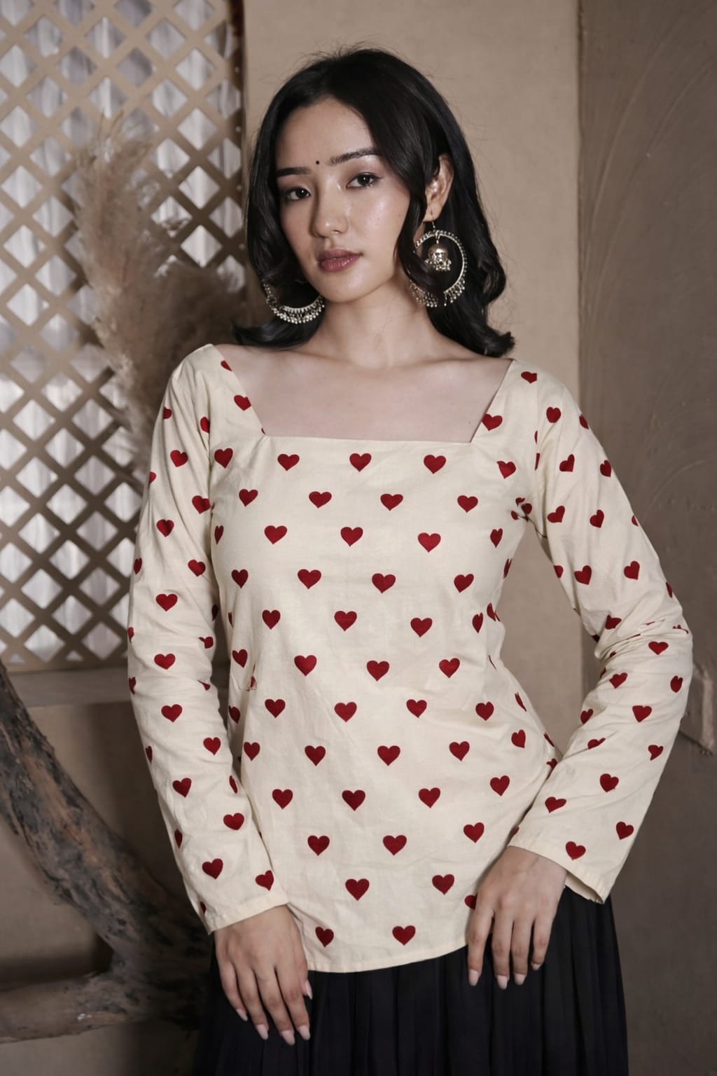 Romantic Heart Print Square Neck Kurti for Women