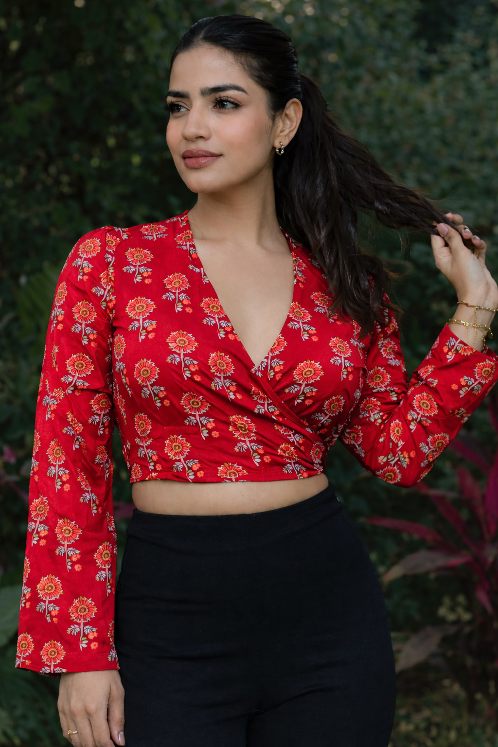 Women’s Black , Red Floral Printed Wrap Crop Top
