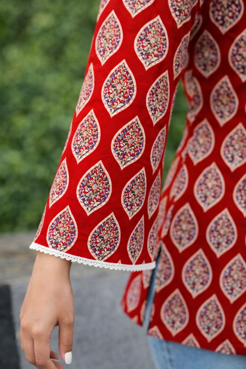 Red Ethnic Printed Straight Kurti with Square Neck