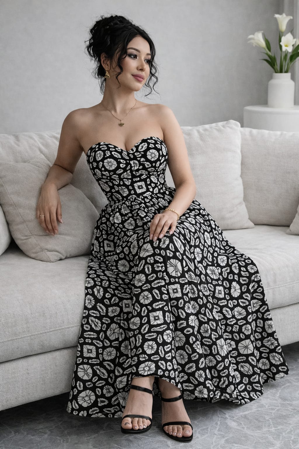 Black & White Printed Strapless Maxi Dress