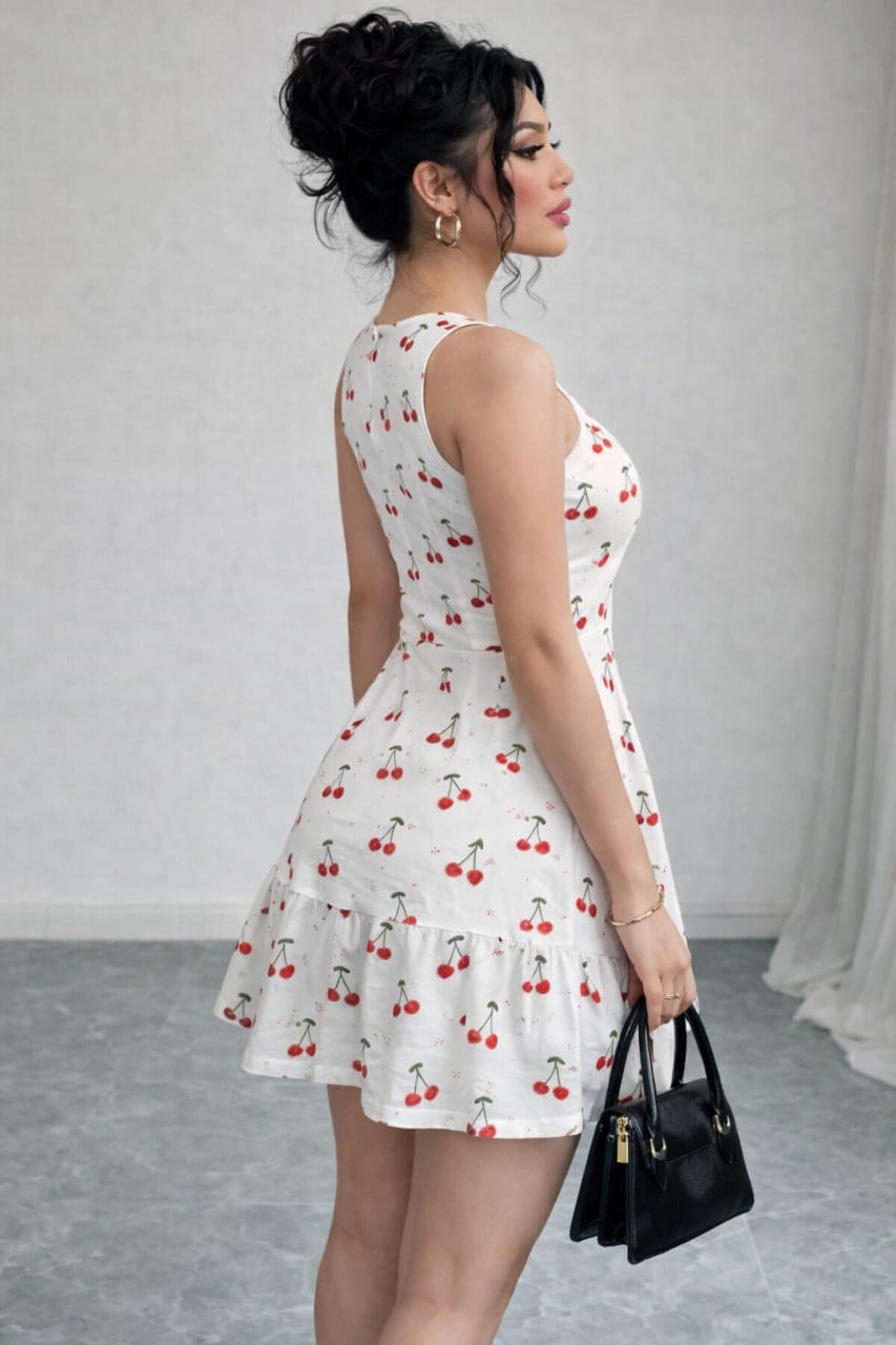 Women’s White Cherry Print Sleeveless Fit & Flare Dress