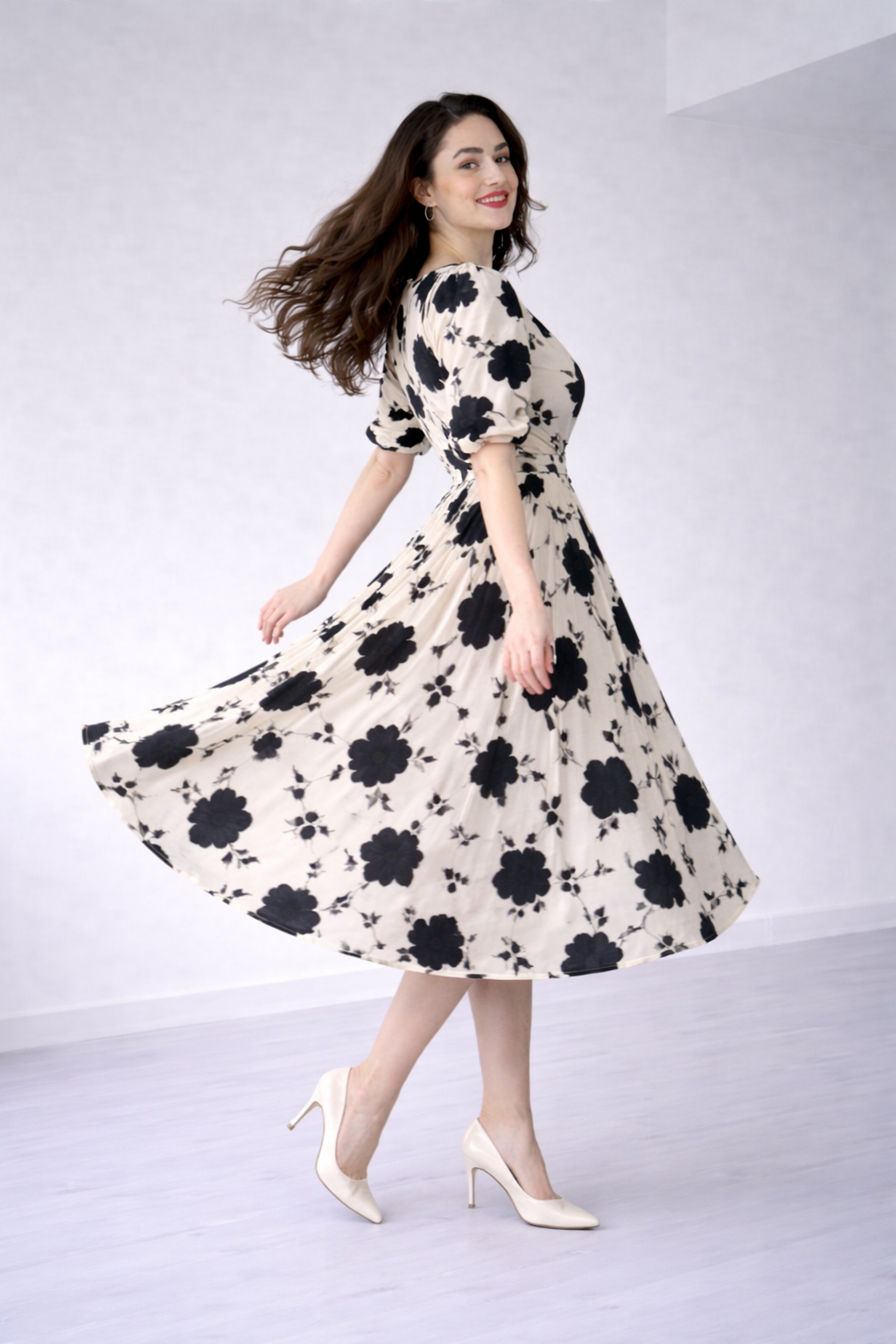 Women’s Cream & Black Floral Printed Midi Dress with Waist Belt