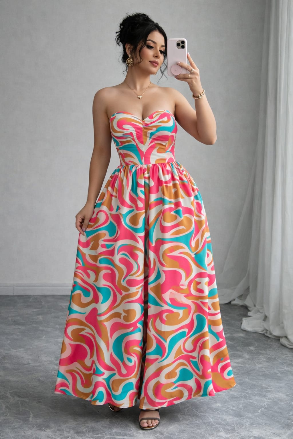 Multicolor Printed Strapless Maxi Dress