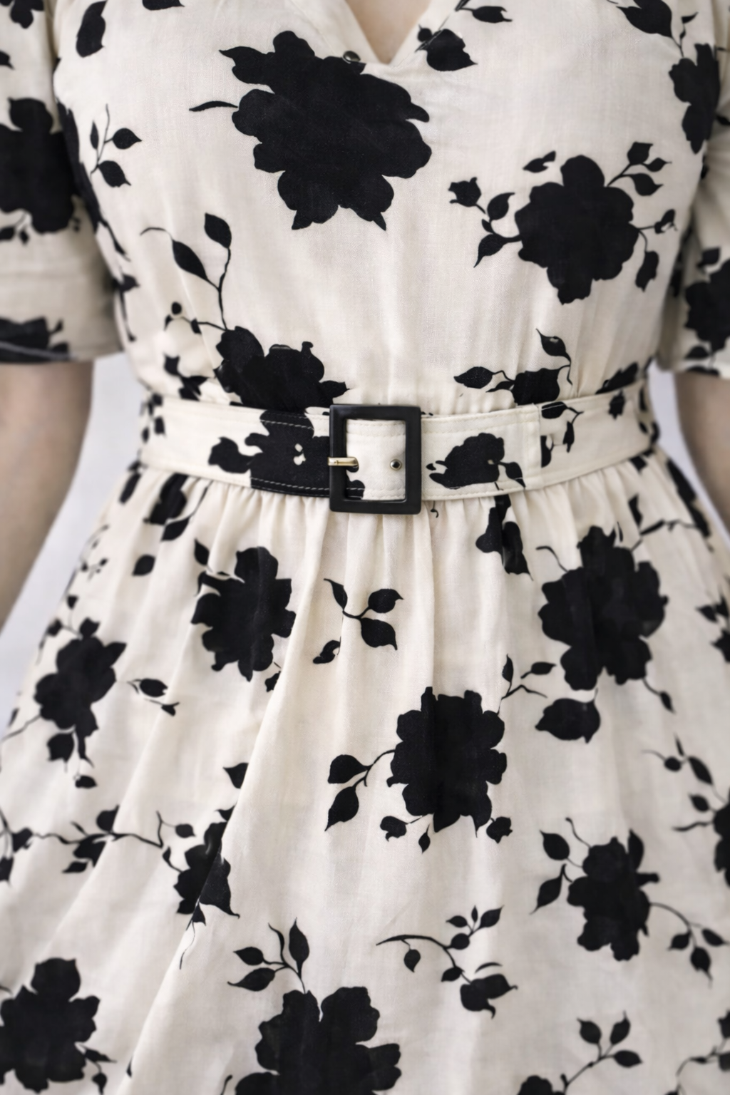 Women’s Cream & Black Floral Printed Midi Dress with Waist Belt