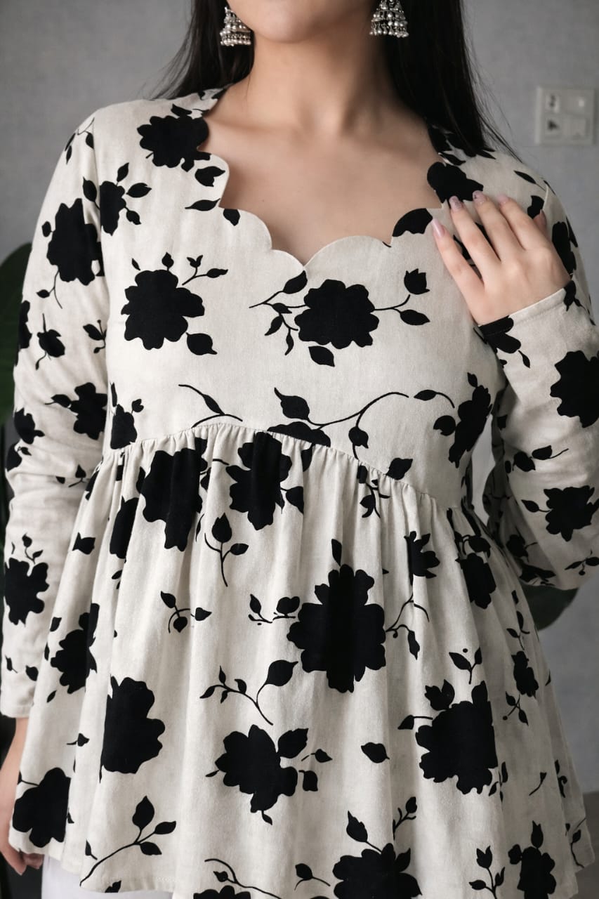 Elegant Black Floral Printed Empire Waist Kurti Top